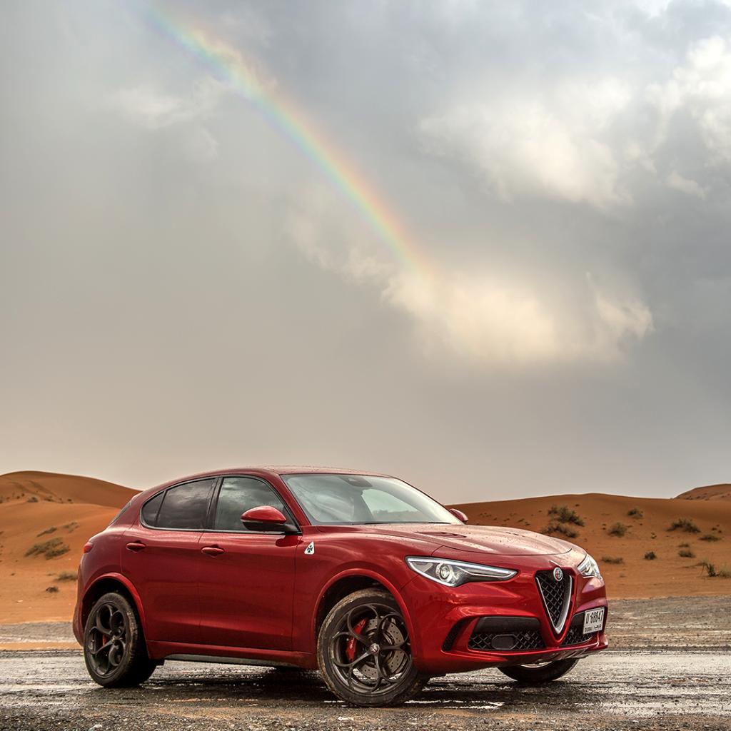 Forget about a pot of gold. We want to find a Stelvio Quadrifoglio at the end of a rainbow.