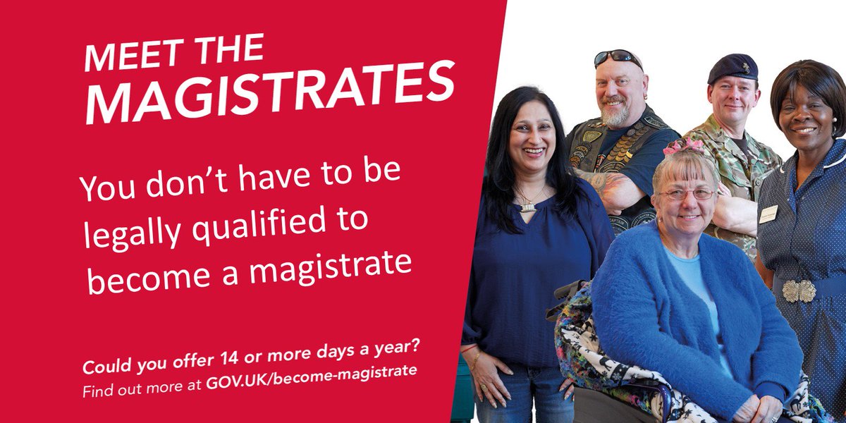 Photograph of 5 court magistrates dressed in their everyday clothes. Meet the Magistrates: You don't have to be legally qualified to become a magistrate. Could you offer 14 or more days a year? Find out more at GOV.UK/become-magistrate.