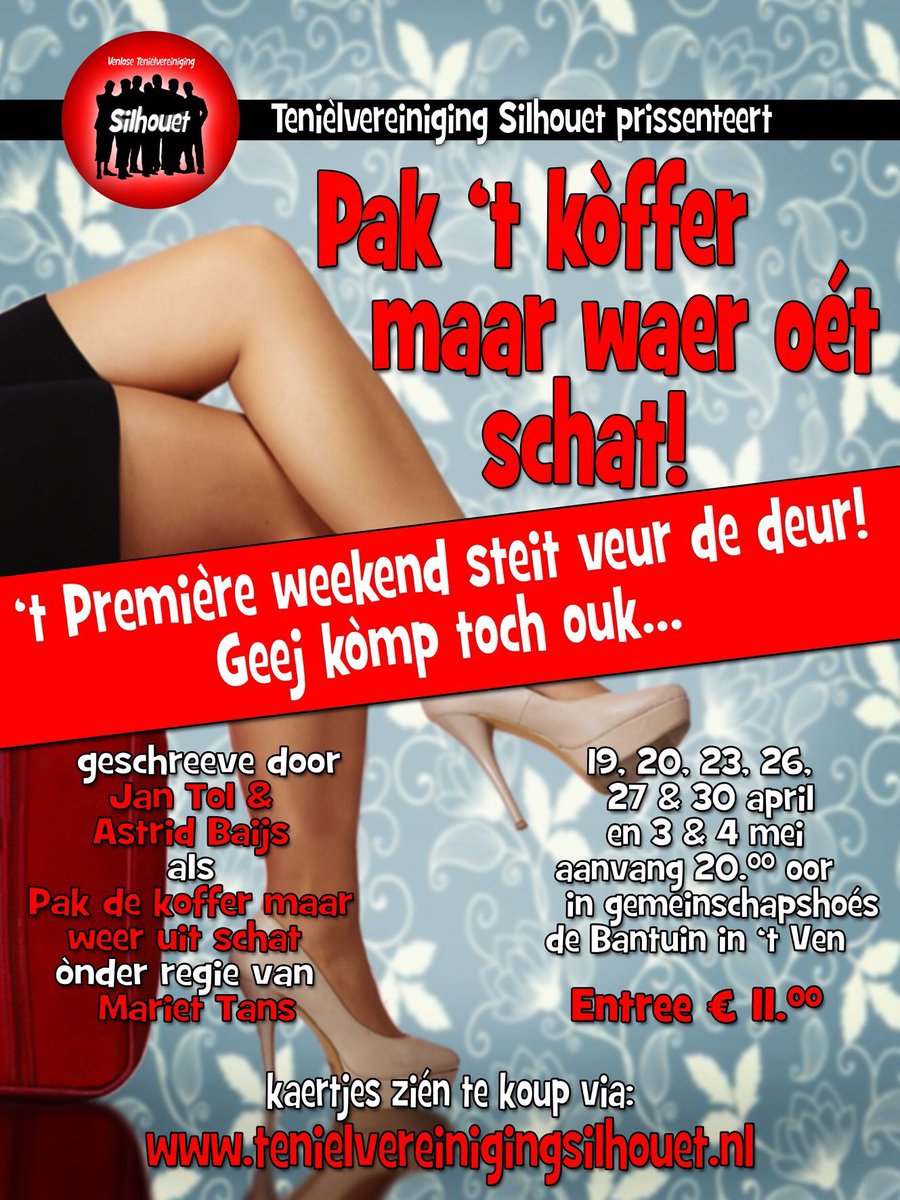 Gooje vriédaag is de première. Als ge d'r beej wilt zién kint geej nog kaertjes bestelle via tenielvereinigingsilhouet.nl 

Maar wach neet te lang, d'r zién al veurstellinge bekans oétverkòch!