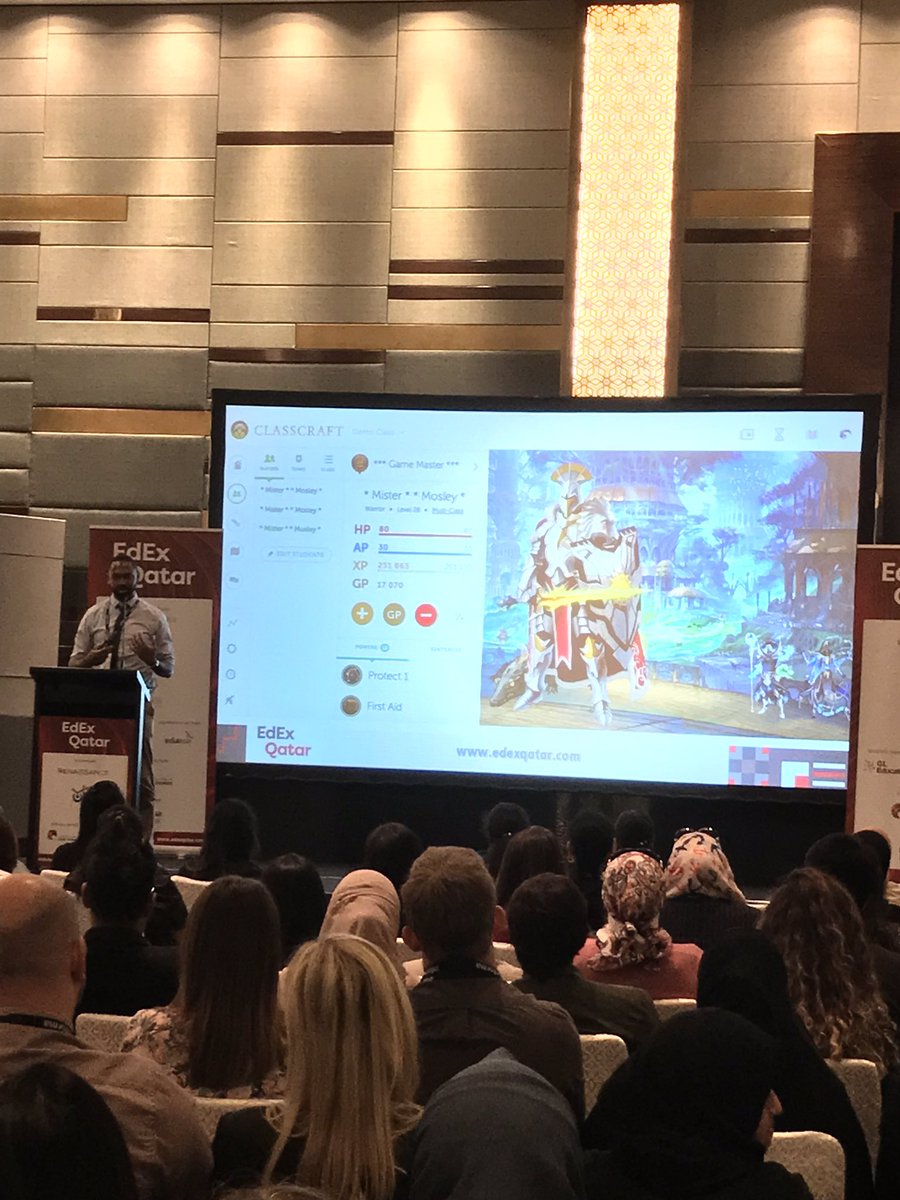 avibor's tweet photo. Inspiring talk by Chinua Mosley about gamification in the classroom with Classcraft. Abilities (AP) vs health (HP). “Pupils are more engaged when I as a teacher also have consequences.“ #EdExQatar https://t.co/OxzzKk8mMJ