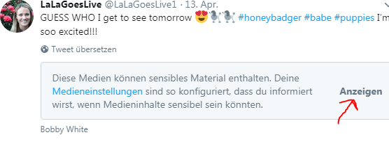 HerbornS's tweet photo. @LaLaGoesLive1 @Retoxing I could see it. But first I had to click a button to confirm that I want to see sensitive material.
Look at the screenshot below. The german word "Anzeigen" means "Show".
So obviously Twitters "Skin&amp;Nipple"-filter doesn't make a differece between you and Bobby. *lol https://t.co/1CHFKrg5pt