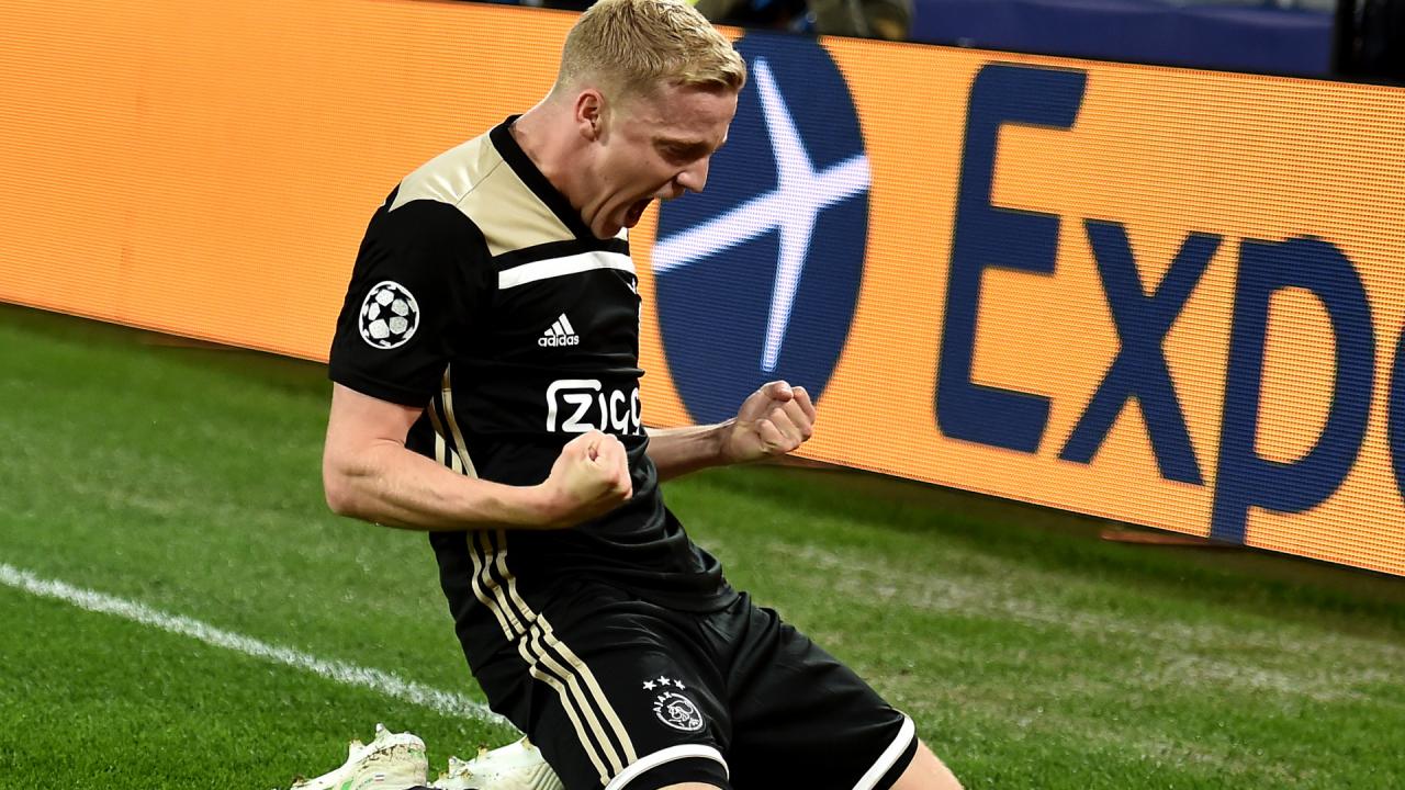 Donny van de Beek celebrates after scoring for Ajax against Juventus