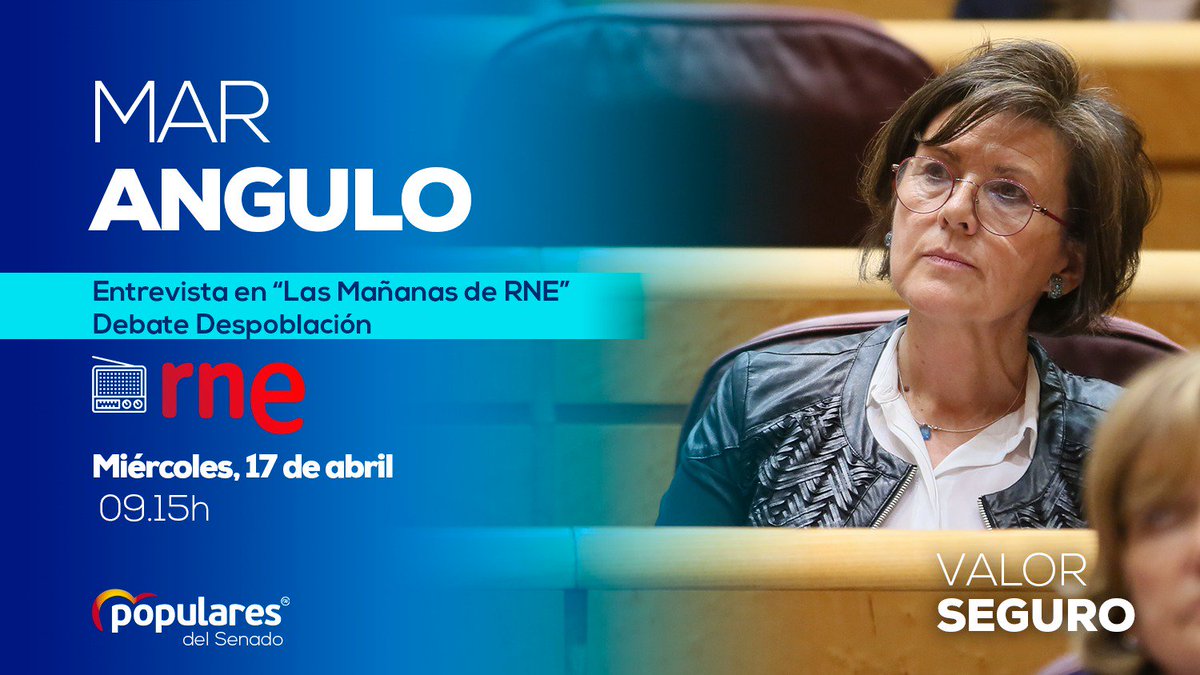 PPSenado's tweet photo. 👩🏻 @MarAnguloMarti1, senadora por Soria del @PPSenado
📻 Participa en el programa  @LasMananas_rne
⏰ Miércoles, 17 de abril a las 9:15h.
👉 Síguelo desde aquí: https://t.co/jwUFh8rVtf https://t.co/2Wkcz6p0Zz
