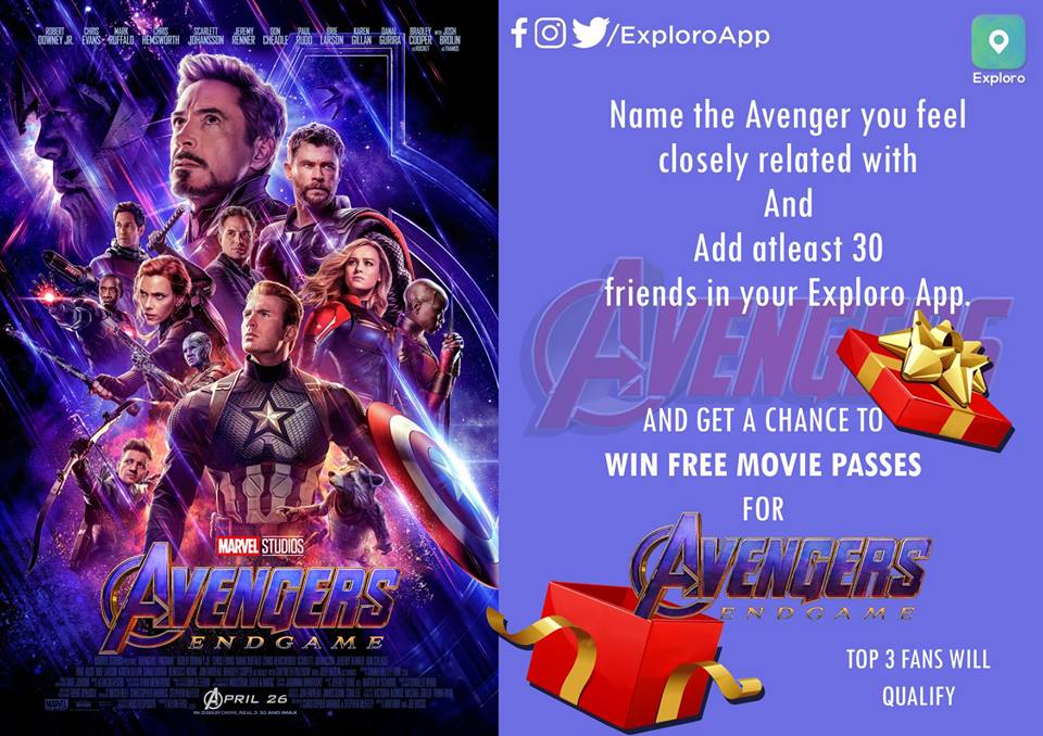 ExploroApp's tweet image. We are giving away couple movie passes and exciting prizes!
Follow the steps below to win yours
1. Name the Avenger you feel closely related with
2. Add atleast 30 friends in your Exploro App.
3. Comment using #ExploroApp 
4. Like this post.
The Top 3 fans will qualify.#Avengers