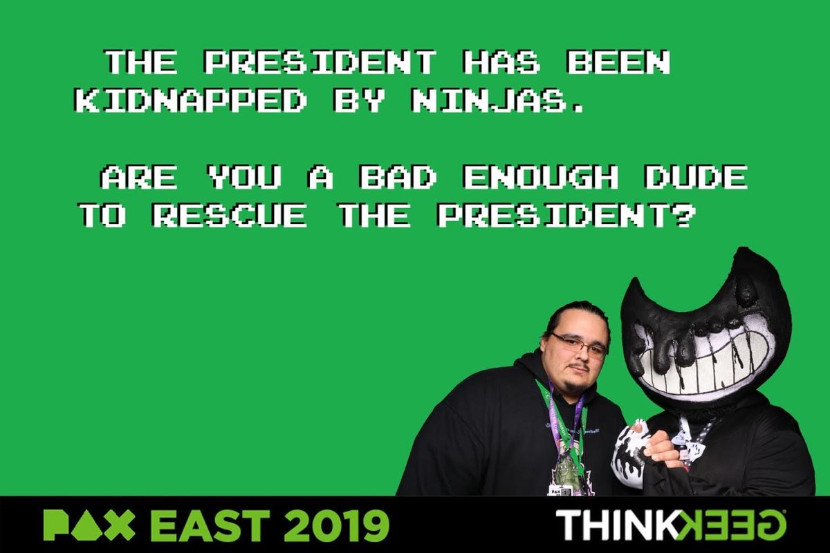 thehiscoreshow's tweet image. Love this picture with @mexizilla707 and myself at the #thinkgeek stand at #PaxEast! I also love how tall I am here! #baddudes #nes #inkbendy #twitch
