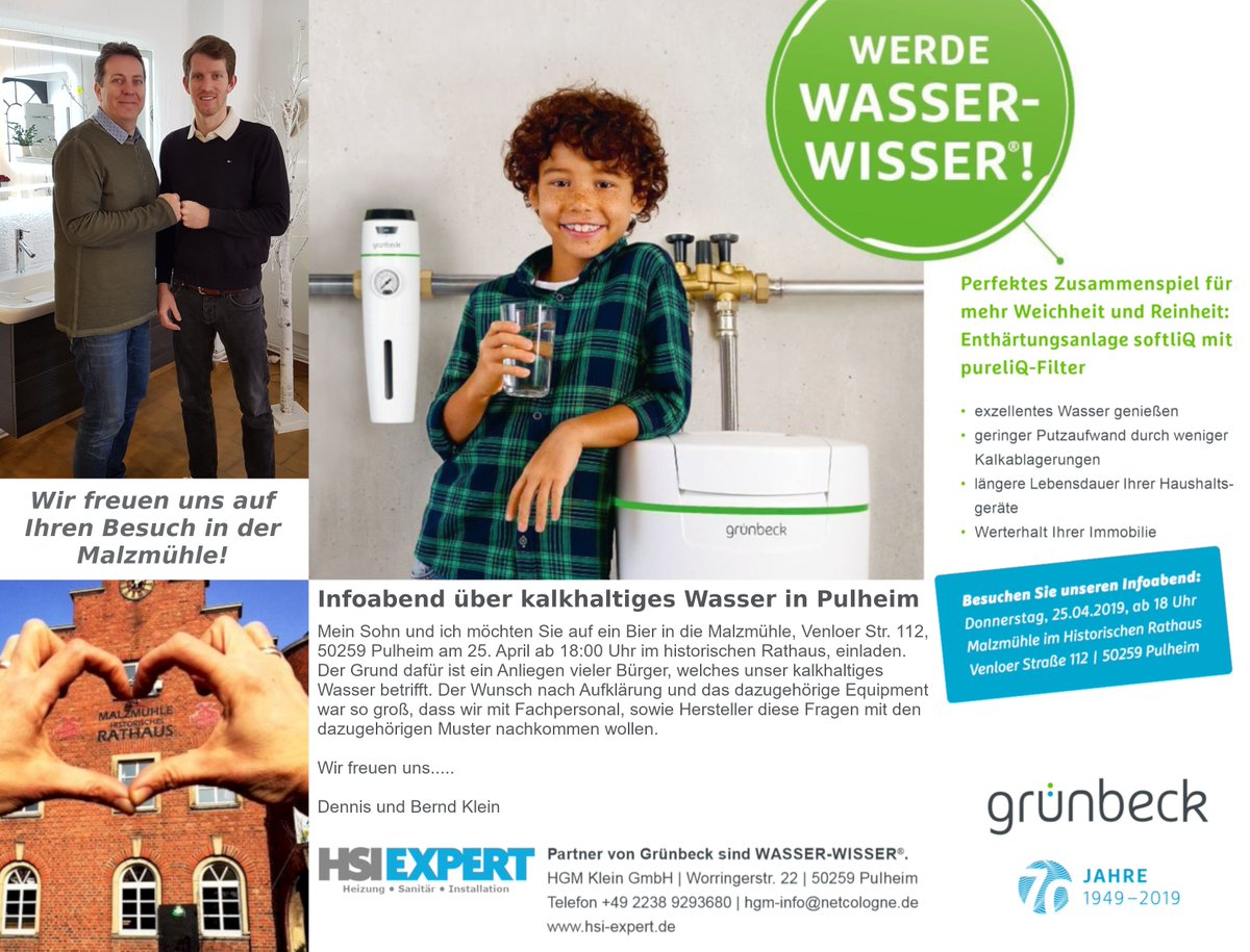 Infoabend über kalkhaltiges Wasser in #Pulheim am 25. April ab 18:00 Uhr im historischen Rathaus #Malzmühle. Venloer Str. 112, 50259 Pulheim
#Grünbeck #Enthärtungsanlagen
