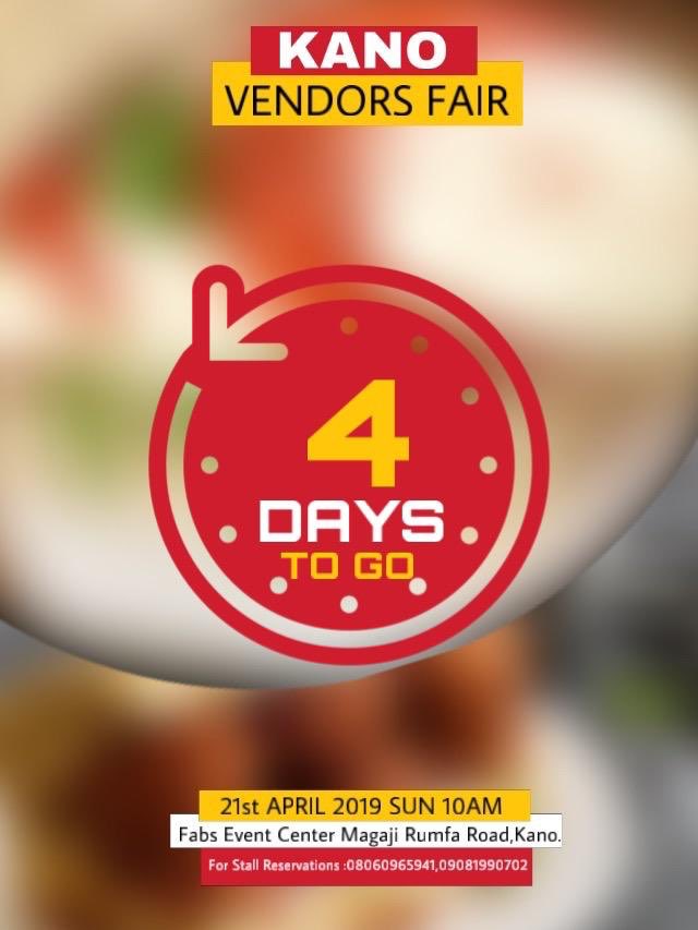 4 days to KANO VENDORS FAIR pls retweet family and friends dont miss out #Kano #Abuja #AbujaTwitterCommunity #mtn #arewa #enterpreneur #funfair #foodfiesta #festival #fashion