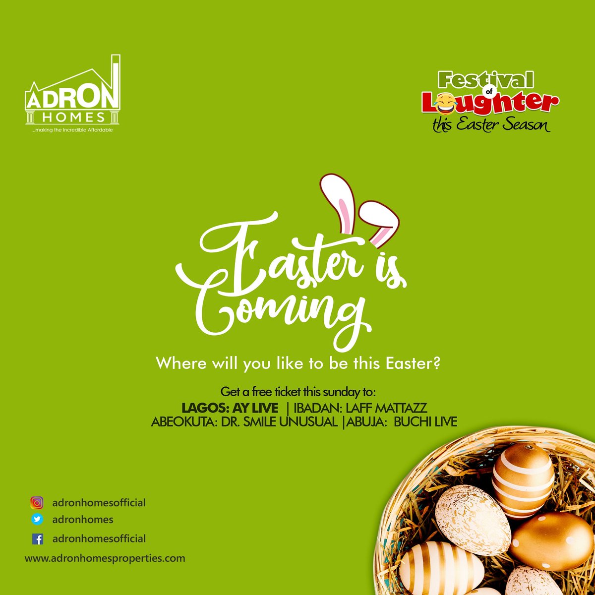 AdronHomes's tweet photo. Where would you be spending your Easter? Get a free ticket to attend one of the hottest comedy shows in Nigeria!! Just subscribe to buy any land with a minimum deposit of N50k to get a free ticket to attend and lots of other freebies. #eastertoremember #wcw #AdronEasterPromo https://t.co/GfTYgn5o7m