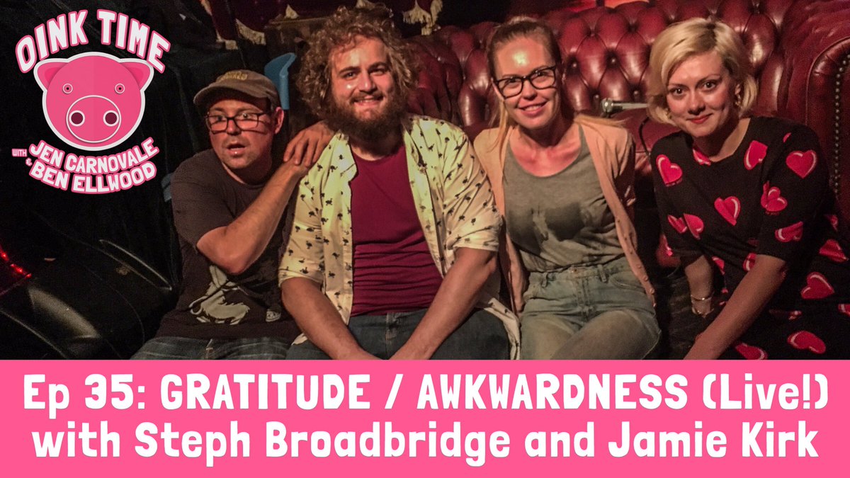 Oinktimepod's tweet photo. Ep 35: GRATITUDE and AWKWARDNESS (Live!) now available! Comedians Jamie Kirk and Steph Broadbridge join @Jen_Carnovale and @BenEllwood11 for a live chat about ungraceful breakups, obligatory mindfulness and underage blackouts. Listen at https://t.co/6552xkd79o https://t.co/r5YmiZ5xgA