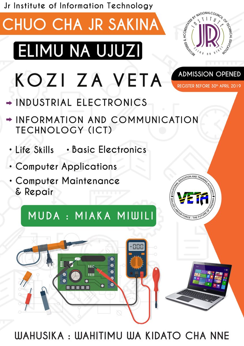 JriitTechnology's tweet photo. Jiunge na Kozi za Veta 🎓
Jr Institute of Information Technology Jiunge Sasa .
For More Info: Dial +255 679 414 415 or +255 754 360 590 | email: principal@jriit.ac.tz | website: https://t.co/hMVBLEmXDu 
P.O Box 7170 Arusha-Namanga Road https://t.co/mLgf3Aipkh