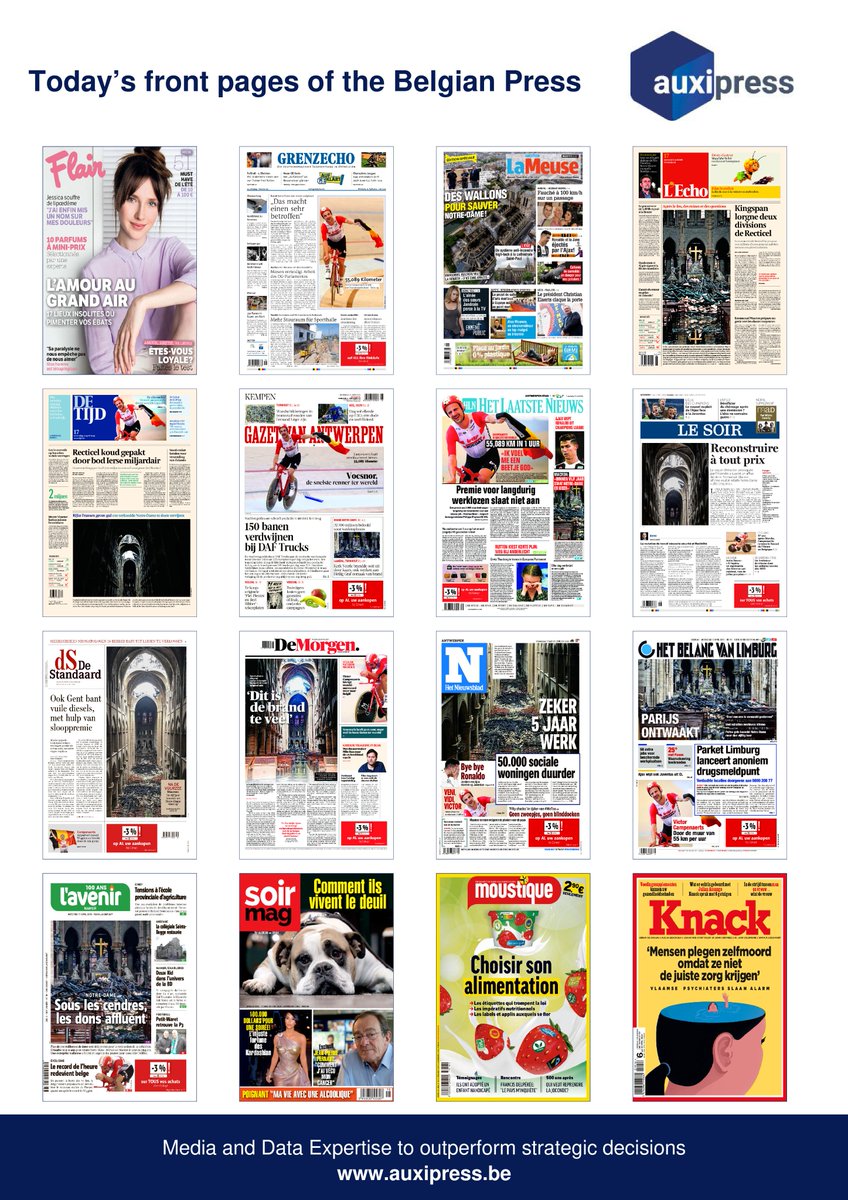 #Newsoftheday 📰💡📝- Discover today's front pages of the #BelgianPress !
#FredRutten #VictorCampenearts #NotreDame #NotreDameCathedralFire #EmmanuelMacron #ChristianoRonaldo #JuventusAjax #EnnemiPublic #Cannabis #Kingspan #GretaThunberg #KidNoize #Dupuis #Kardashians