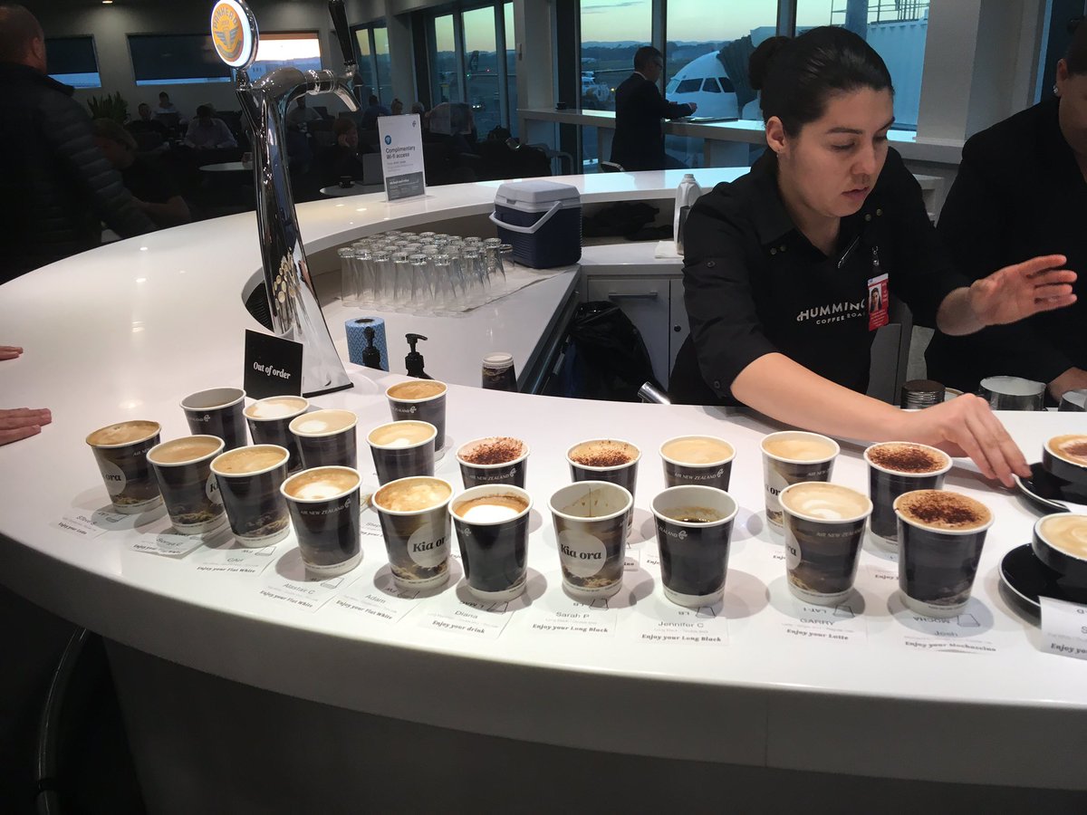 MattChisholm76's tweet photo. 7am in Auckland’s @FlyAirNZ Koru Lounge. I’m told the majority of these barista made coffees will be thrown out because the people who ordered them won’t collect them. I feel like the airline and it’s privileged passengers need to do better. #itsthelittlethings https://t.co/IeoPkgH5du