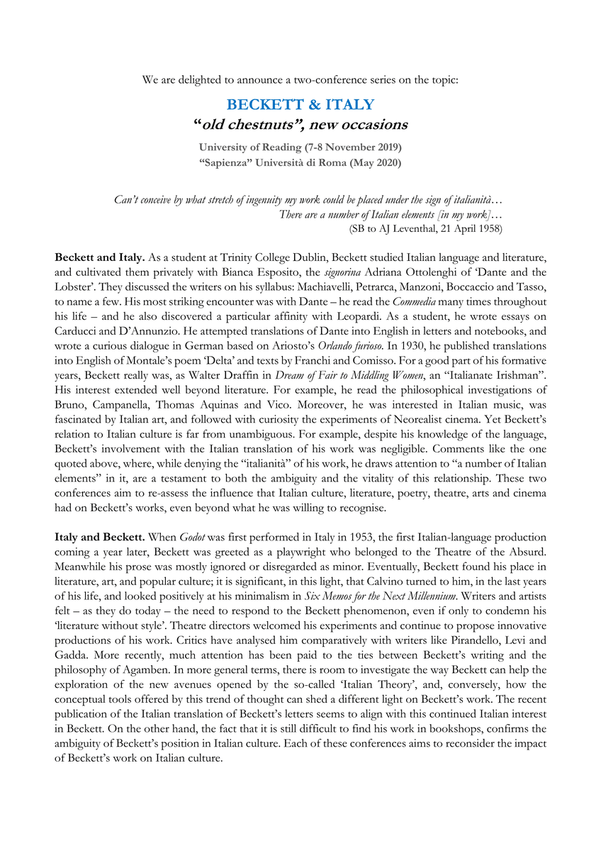 BeckettItaly's tweet photo. We are delighted to share with you the Call for Papers for the Reading event of a two-conference series on the theme "Beckett and Italy". Submission deadline is 16 June! https://t.co/BgSS3VzudH
