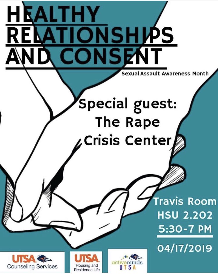 activemindsutsa's tweet photo. #ActiveMindsUTSA is tabling from 10 AM to 2 PM in front of the MH building. Stop by and grab a pledge/ribbon!Tonight at 5:30 we have a guest speaker coming to talk about healthy relationships and consent #rapecrisiscenter  #Saam #sexualassaultandprevention #sexualassaultawareness https://t.co/avDFxBUJrA