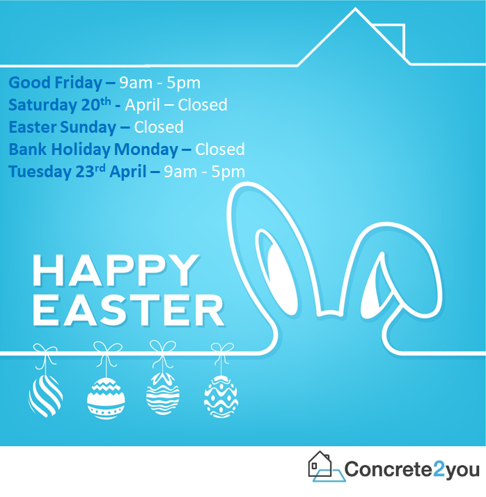 Concrete2you_'s tweet photo. Easter weekend is upon us and we'd like to let our customers know our Concrete2you Office opening times, should you need us over the Easter holidays! 🐰🐣Our opening times are as follows: https://t.co/ZJx93PRBBG