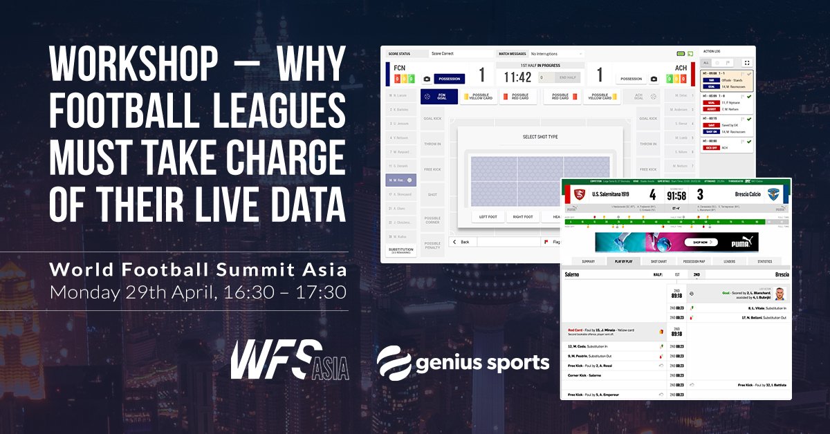 GeniusSports's tweet photo. Excited to be sponsoring the inaugural @WFootballsummit Asia in less than two weeks! Get in touch for more info on our league &amp; federation workshop, discussing key trends in live data control, our partnership with the AFC and presenting our new Football LiveStats system. #WFSAsia https://t.co/TogEPogKCg