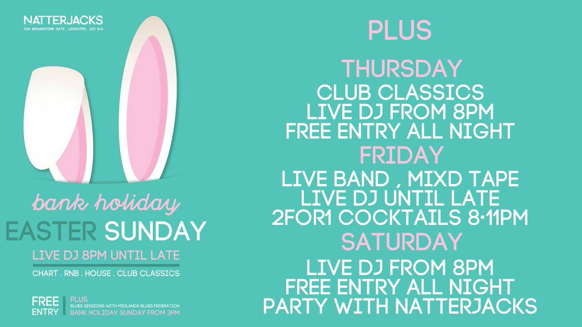 ➡️ Natterjacks have your Easter bank holiday weekend covered

➡️ Thursday - live DJ from 8pm

➡️ Friday - live Fridays - Mix’d Tape performing live plus DJ. 2 for 1 cocktails 8-11pm

➡️ Saturday - DJ Wilko from 8pm

➡️ Sunday - live blues band 3-5pm and LIVE DJ from 8pm
