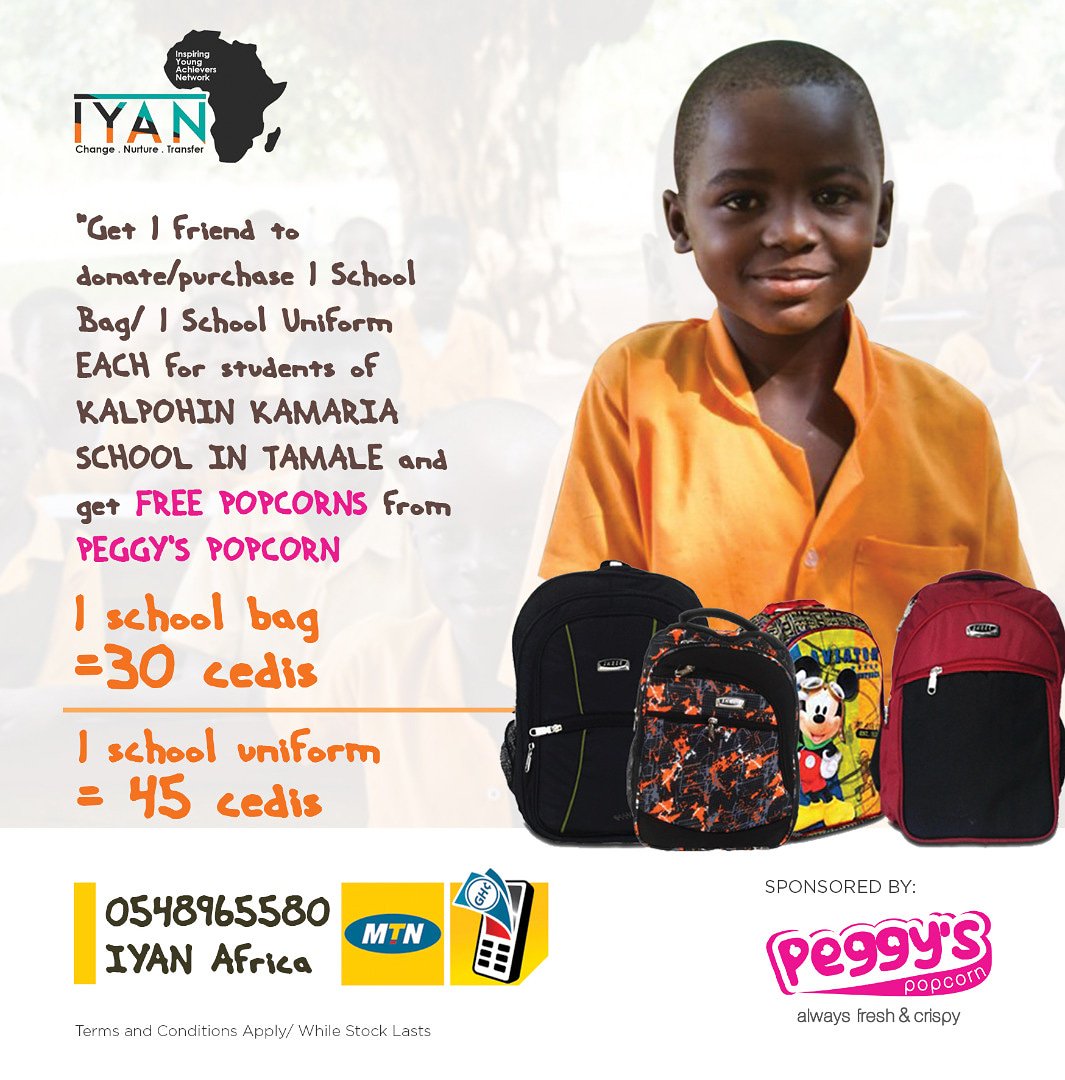 iyan_africa's tweet photo. It's IYAN AFRICA’S  #DONATE&amp;WIN 🔥     
You get to support our Donation Drive and WIN some AMAZING popcorn from @Peggys_Popcorn

JUST encourage A friend to DONATE/PURCHASE  1 School Bag OR  1 School Uniform AND YOU CAN WIN!! 
Sponsored by @Peggys_Popcorn

 #SeeFlyerForDetails https://t.co/vLdUlrXskC