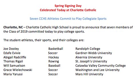 CCHSCougarNews's tweet photo. Spring Signing Day Celebrated Today at Charlotte Catholic
 
Seven CCHS Athletes Commit to Play Collegiate Sports

Charlotte, NC – Charlotte Catholic High School is proud to announce that seven members of the Class of 2019 committed today to play college sports. https://t.co/Cb5WR1IBzw