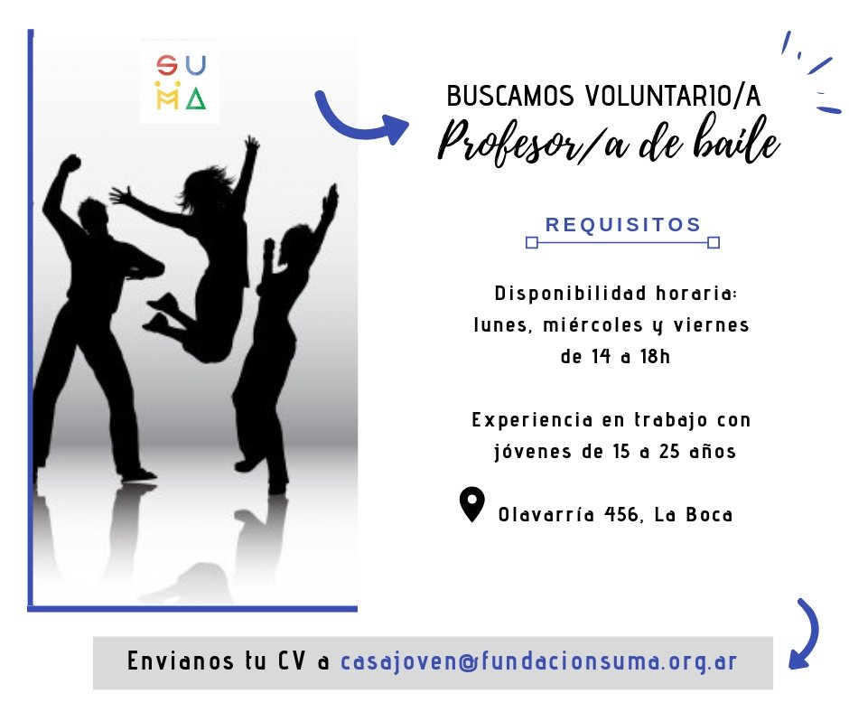 Estamos en la búsqueda de voluntarios para dar clases de baile en   #CasaJovenSuma 📩
Sí reunís con los requisitos y queres formar parte de #FundaciónSuma, escribinos a 👉 casajoven@fundacionsuma.org.ar 
Para más información: linkedin.com/feed/update/ur…