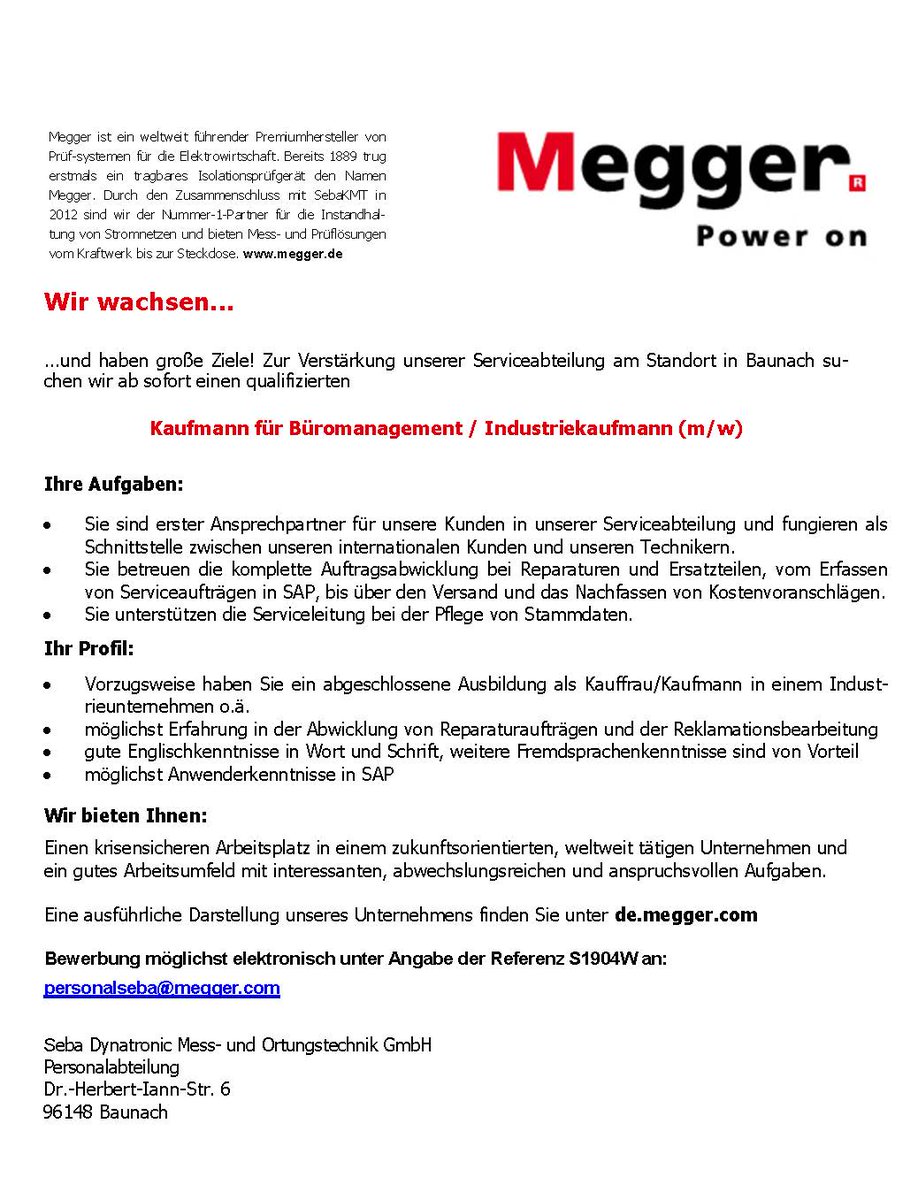 Wir wachsen ... und haben große Ziele! Zur Verstärkung unserer Serviceabteilung am Standort in Baunach suchen wir ab sofort einen qualifizierten Kaufmann für Büromanagement / Industriekaufmann (m/w)

de.megger.com/unternehmen/ka…
#megger #poweron #career