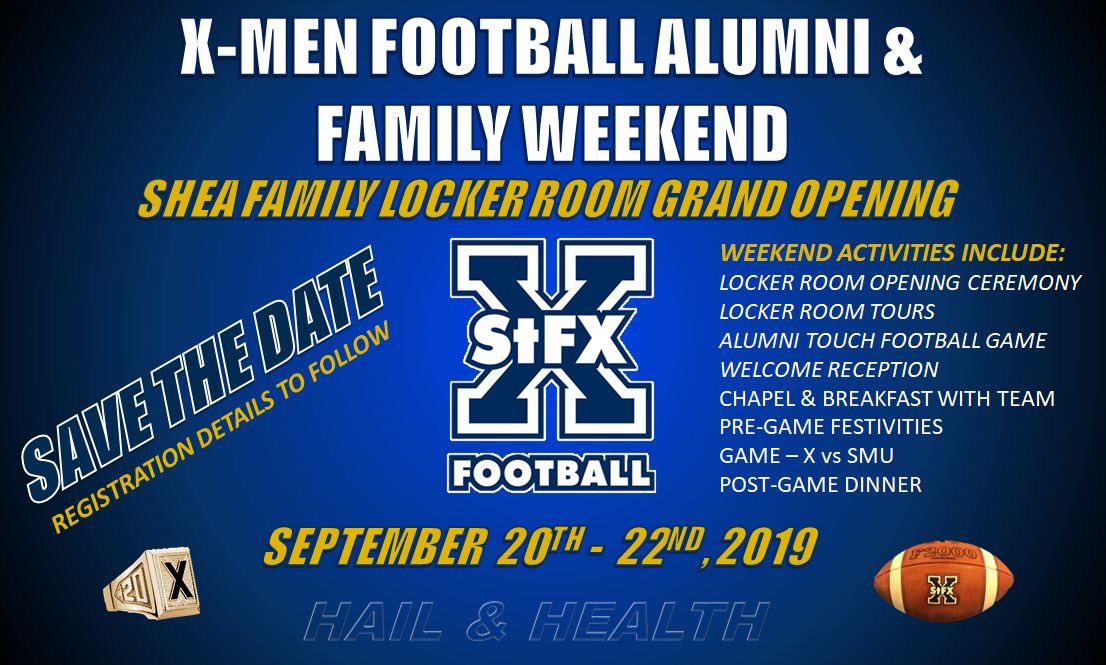 StFXFootball's tweet photo. Save the date! Grand opening of the new Shea Family Locker Room on Sept. 20, 2019. We are planning a weekend full of events to mark the occasion. We are inviting Alumni &amp; family members of current X-Men to participate in this weekend-long celebration. Stay tuned for more details! https://t.co/NI6co5EOGR