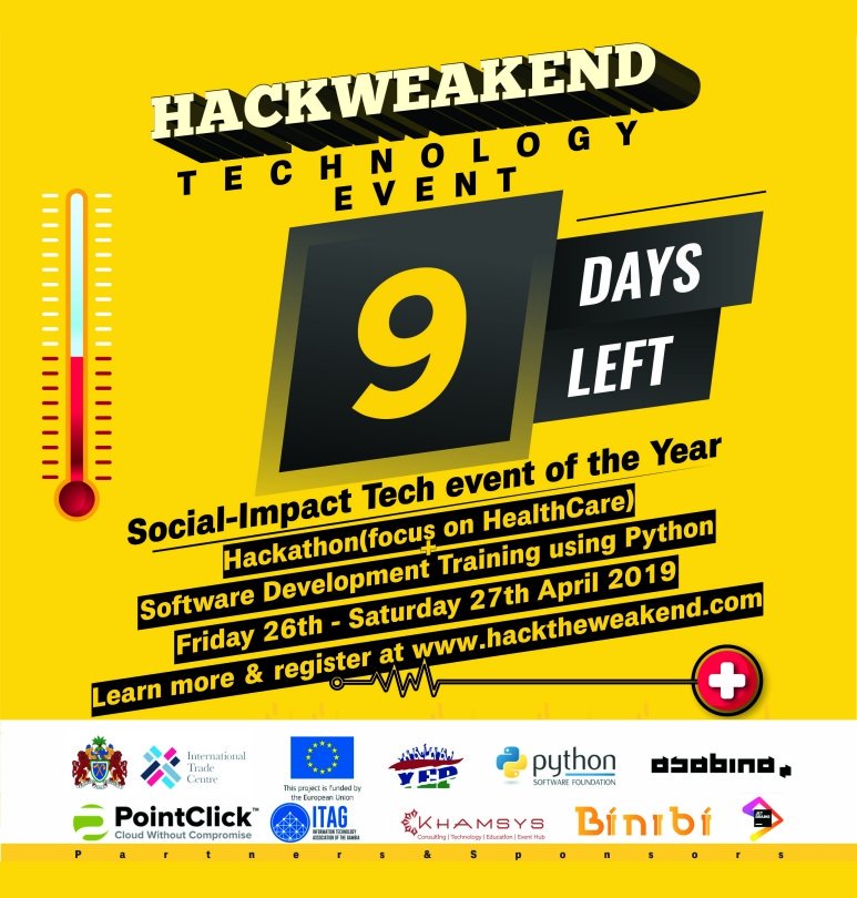 Fabiyi_WaleTaza's tweet image. We are still counting down. 9days to go.
We will be profiling our sponsors and the wonderful team working tirelessly on @hackweakend #Tech Event 2019. Please stay tuned
#Gambia #Techforgood #Healthtech #SocialImpact
@yepgambia @pointclicktech @ThePSF @jetbrains @ITAGGambia