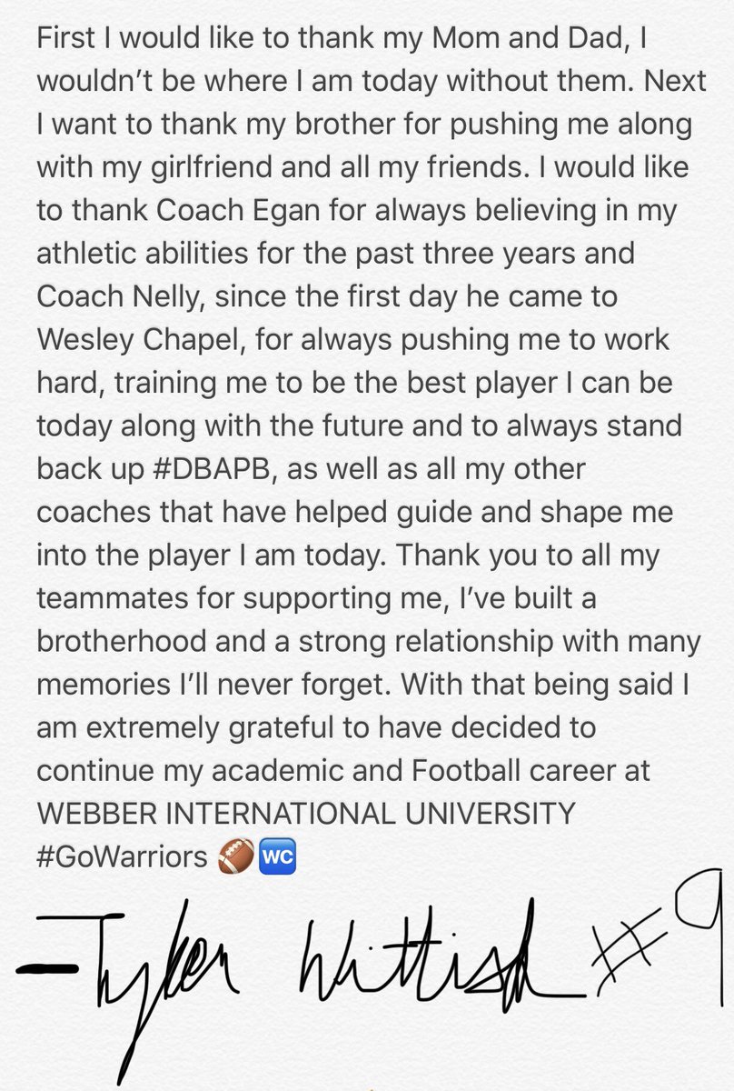 TylerWittish's tweet photo. 🏈🚾 To be continued.......... #Committed 🗡  @CoachEganWCHS @NellyNelz_ @PascoCountyFB @jawarrener @avillamarzo @BigCountyPreps1 @larryblustein @HSSportsFL @TBHomeTeam @wcwildcatsports https://t.co/3ppRHhxYH3