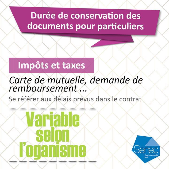 SERECExperts's tweet image. Durée de conservation des documents pour particuliers

Carte de mutuelle, demande de remboursement : variable selon l'organisme
Se référer aux délais prévus dans le contrat #serecexperts