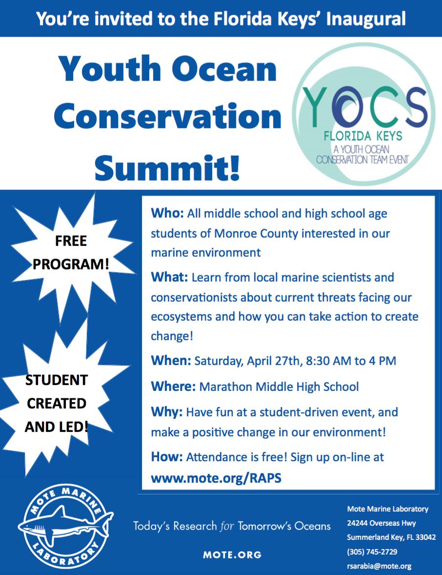 MoteMarineLab's tweet photo. You're invited to the FREE Florida Keys' Inaugural Youth Ocean Conservation Summit on April 27! 🤩 Learn about the threats facing our ecosystems and what you can do to take action! 🌊 #YOCS #motemarinelab https://t.co/i4Q6ANLFgU