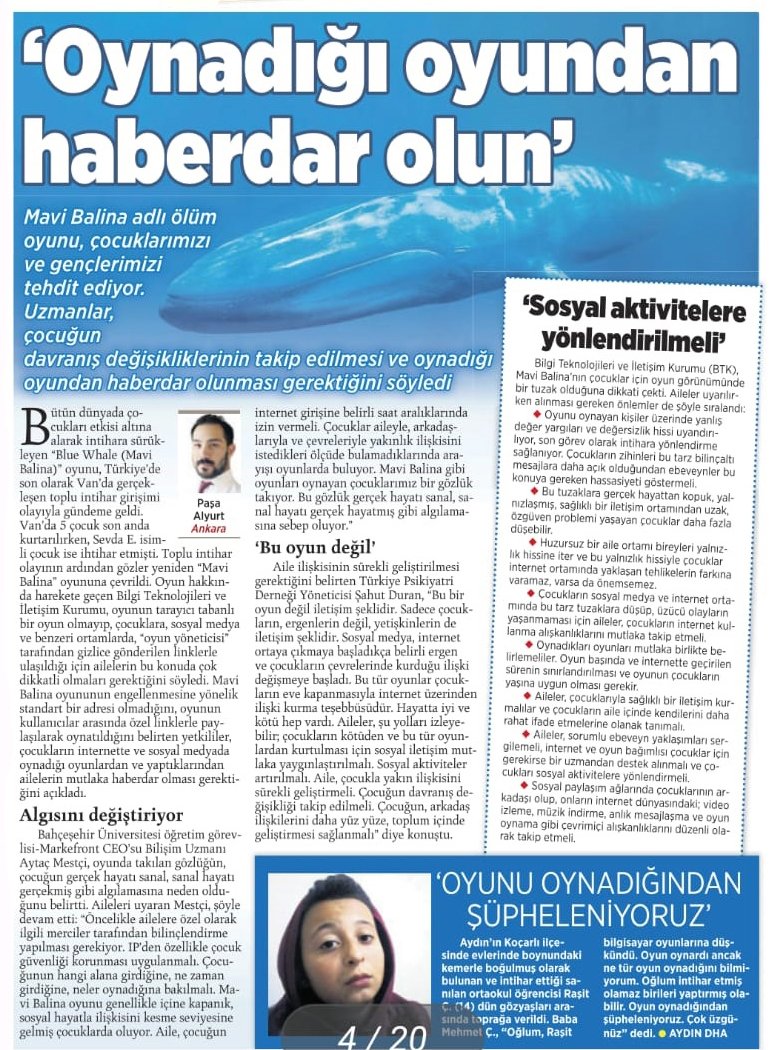 MarkeFront's tweet photo. #MarkeFront Genel Müdürü @aytacmestci, #MaviBalina oyunu ile ilgili görüşlerini @milliyet gazetesi ile paylaştı: https://t.co/Yi9hPqHHBr https://t.co/NAP0Vdo7VD