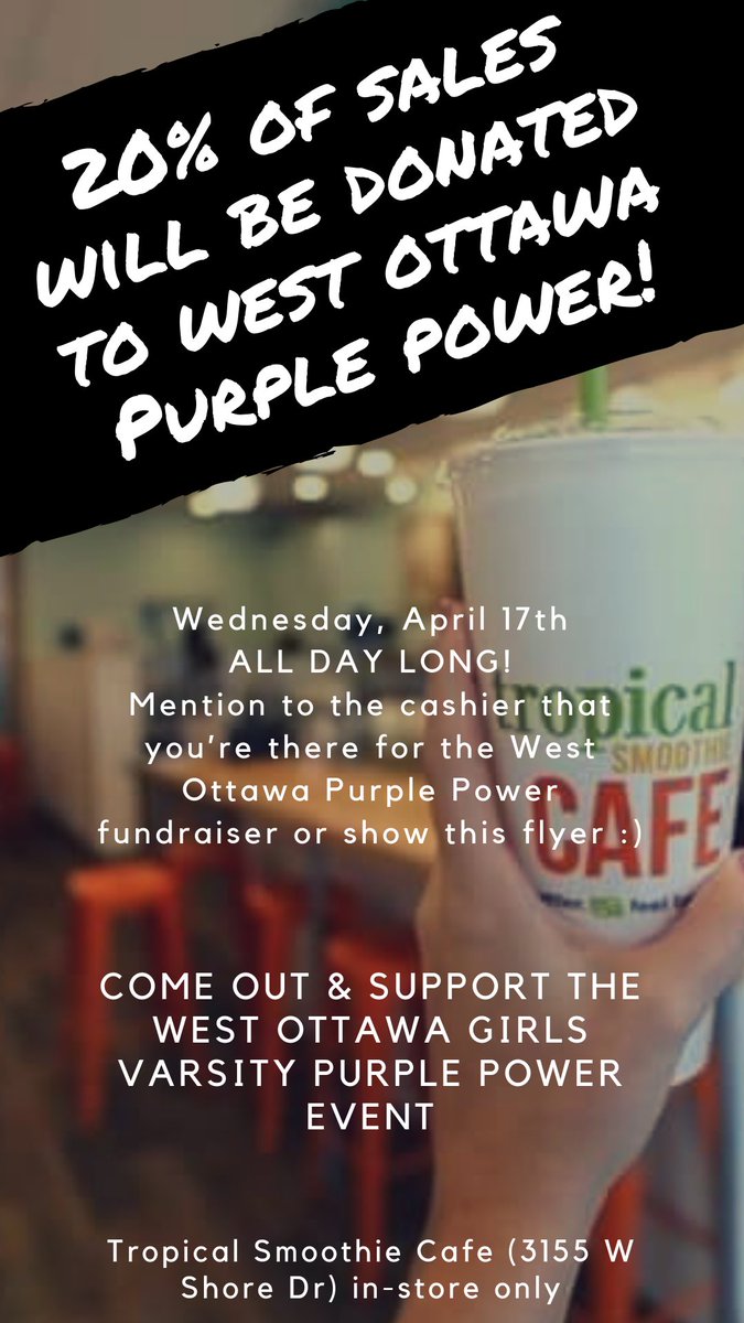Today is the Tropical Smoothie Cafe fundraiser for the Girls Varsity Purple Power event! If you go intro Tropical Smoothie for this fundraiser you will have the opportunity to write your name and number on the receipt to WIN FREE smoothies for a year!! #GoWO #PurplePower