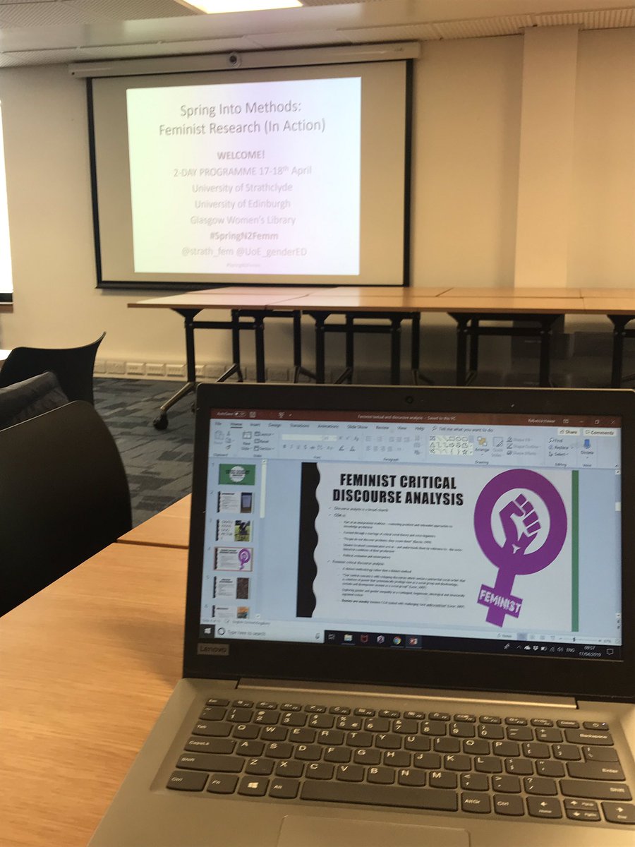 BecksHewer's tweet image. Delighted to be at today’s #SpringN2Femm with @strath_fem - final preparations for my presentation/workshop on feminist CDA are afoot!