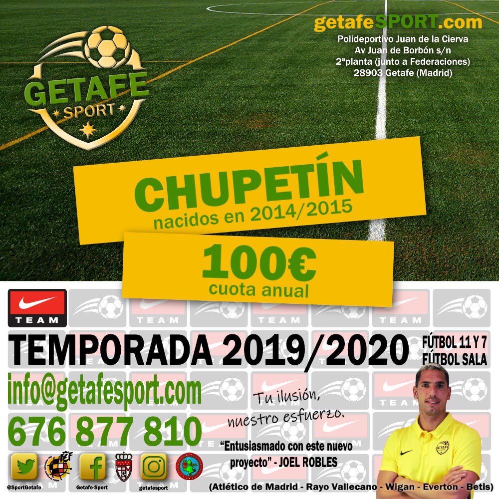SportGetafe's tweet photo. ⚽️ CATEGORÍA CHUPETÍN ⚽️
.
La cuota para los jugadores y jugadoras nacid@s en el 2014-2015 será de 100€ al año!!! 👏👏
.
* ropa a parte 👕
.
💻 Inscríbete en https://t.co/RSfFEV4wWK o en nuestras oficinas en el Polideportivo Juan de la Cierva 📋
.
#getafe #getsfesport https://t.co/CpPrNQw7Fg