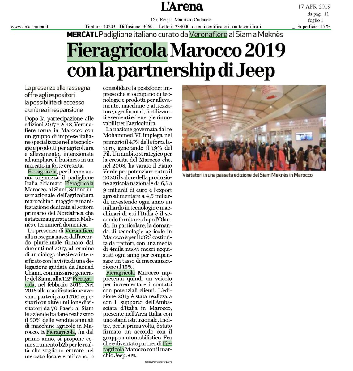 Fieragricola Verona (@fieragricola) on Twitter photo Oggi 17 Aprile 2019, ci trovate anche su L'Arena per raccontare la nostra presenza al #SIAM a Meknès. Un traguardo importante per Veronafiere che offre ai propri espositori la possibilità di accesso ad un'area in espansione. @pressVRfiere <a href="/vf_int/">Veronafiere Intl</a> #versoFieragricola2020 Oggi 17 Aprile 2019, ci trovate anche su L'Arena per raccontare la nostra presenza al #SIAM a Meknès. Un traguardo importante per Veronafiere che offre ai propri espositori la possibilità di accesso ad un'area in espansione. @pressVRfiere <a href="/vf_int/">Veronafiere Intl</a> #versoFieragricola2020