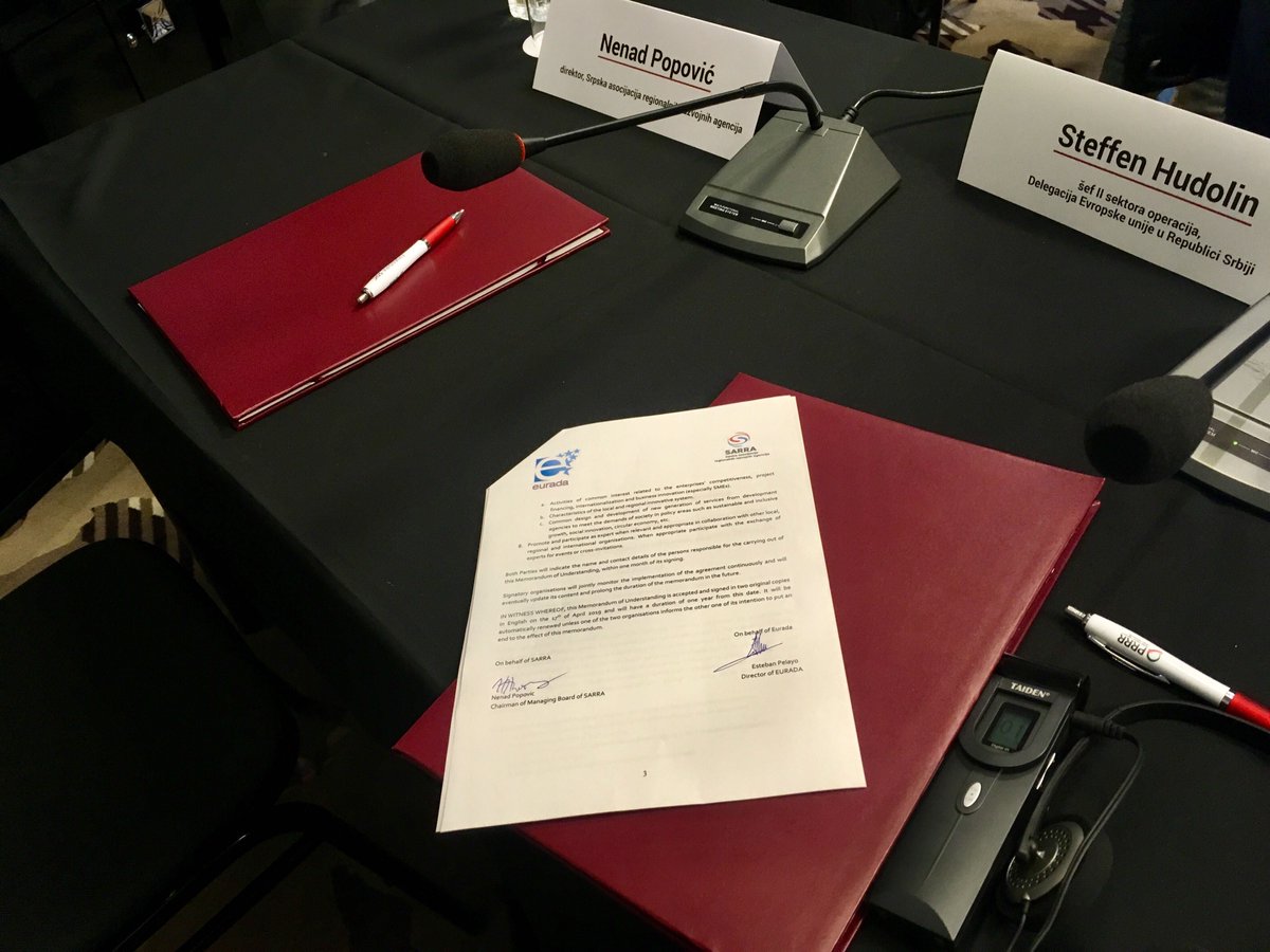 Eurada_RDAs's tweet photo. Today EURADA signed an agreement of collaboration with the Association of Development Agencies of Serbia (SARRA) in Belgrade, in the presence of the Serbian Minister of European Integration Jadranka Joksimović.

Read more: https://t.co/jezOoJE0Q3 https://t.co/SSLSN1VMTm