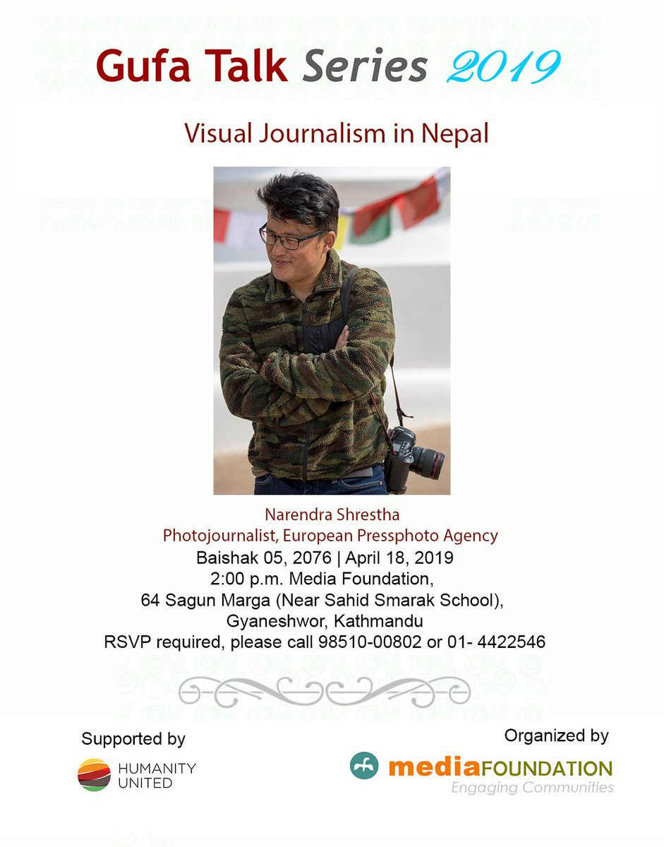 mediafound's tweet photo. Invitation
Gufa Talk Series 2019: Visual Journalism in #Nepal | 
Baishak  05, 2076 | April 18, 2019 | Thursday 2:00 p.m. Media Foundation, Gyaneshwor, Kathmandu (RSVP required)
https://t.co/dg6BkM2oES https://t.co/aDZkqmDApa
