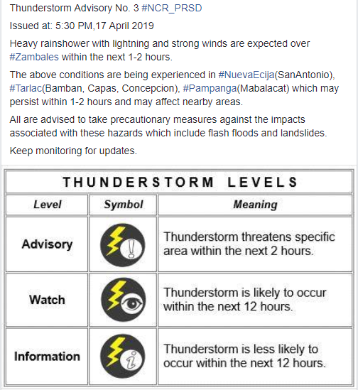dost_pagasa's tweet photo. Thunderstorm Advisory No. 3 #NCR_PRSD
Issued at: 5:30 PM,17 April 2019 https://t.co/tiYBHdzdJe