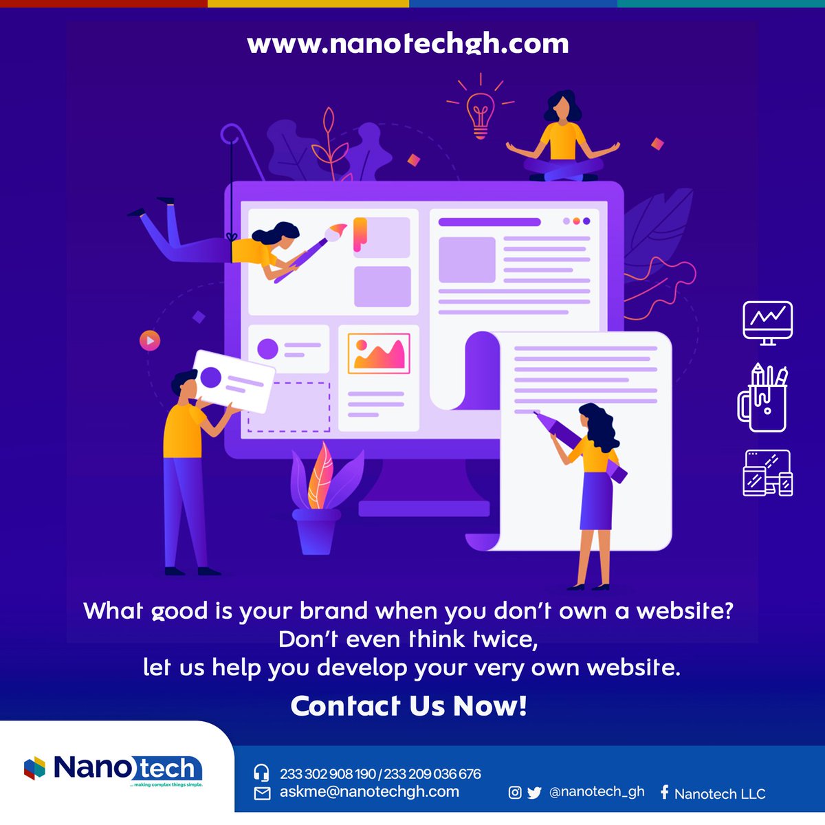 Nanotech_gh's tweet image. We can help you build a website!
#OwnAWebsiteToday
#NanotechGhana #AutomateIt #Design #Website #Branding #LogoDesign #Software #Programming #Flyer #MobileAppDevelopment