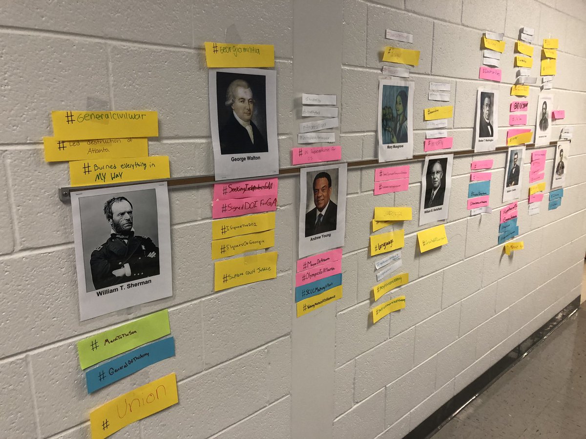 MsDawsonsClass's tweet image. Hashtag review of important individuals throughout GA History in the hallway for every student to see all week. #makinghistorycurrent #milestones #testingweek #upandmoving @Syked4SS @LeeMiddle