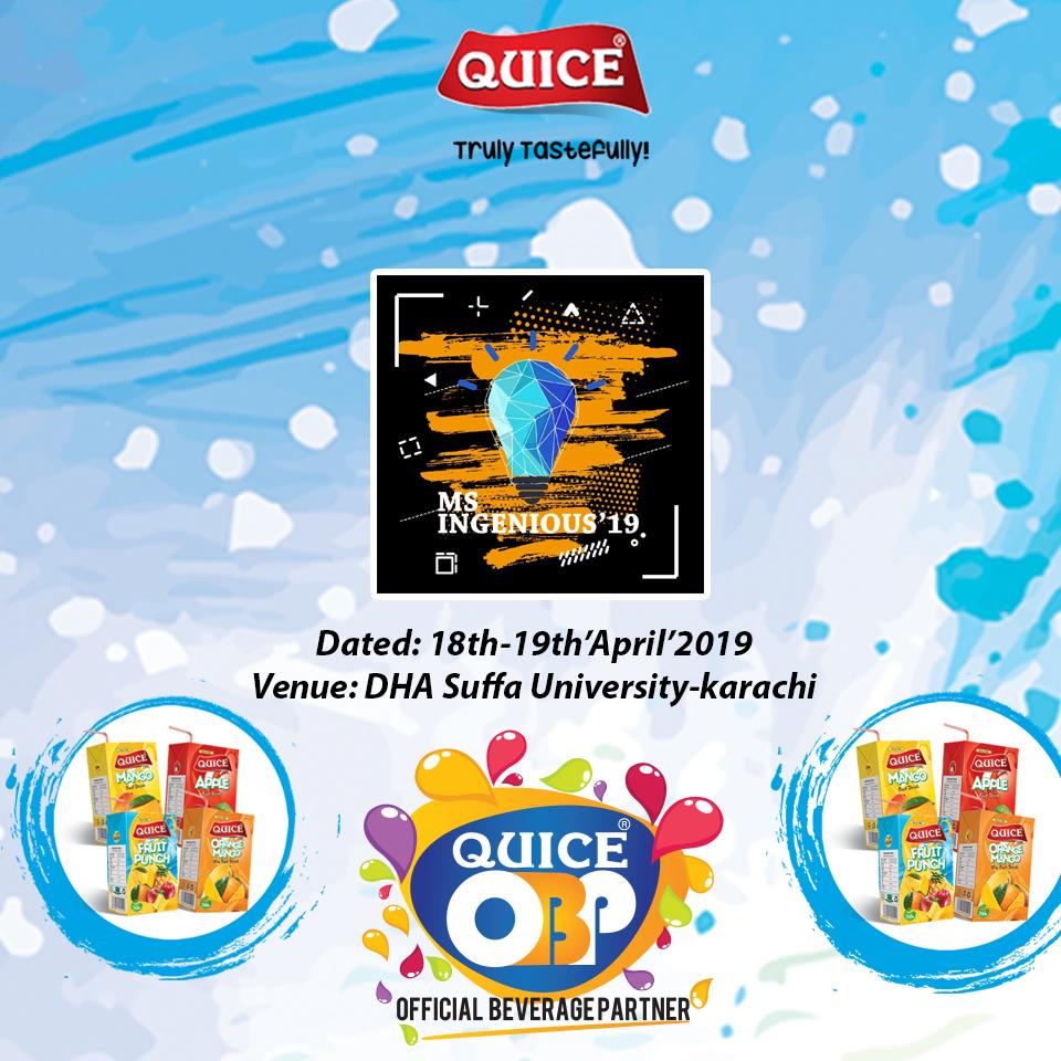 QuiceFood's tweet photo. Quice Proud Participant and Official Beverage Partner of Event (MS. INGENIOUS'19) Organized by DHA SUFFA University, Karachi for 2 days Dt/: 18th & 19th April'19..
Quice Truly Tastefully
#Quice #Food #OfficialBeveragePartner #DHASUFFAUniversity #FruitDrink #Refreshing #Taste https://t.co/rKiz1dxmm4