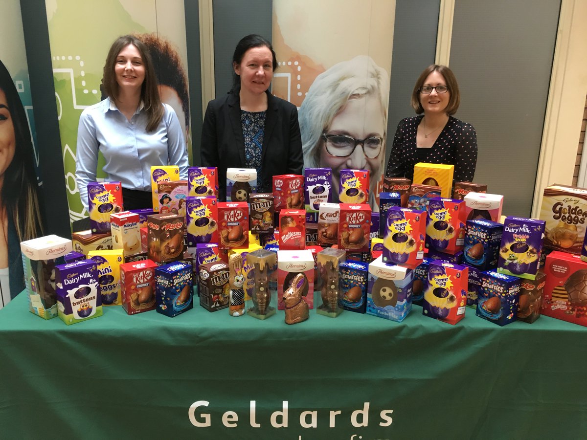 Geldards's tweet photo. Geldards GSR team have been overwhelmed by staff donations to this years Easter Egg Appeal. Collections made yesterday by our local charities @PentrebaneZone @homestartnottm @homestartderby Happy Easter! https://t.co/iNZO0e7pp2