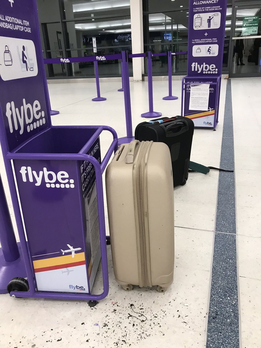 DebraRees4's tweet photo. BE WARNED!! Flybe bag sizers CONFORM to trading standards measurements 55x35x20 Belfast news. My hard shell bag measured this size but DID NOT slide with ease, Forced to PAYUP £40 or don’t fly! YOUR BAG NEEDS TO BE SMALLER THAN THIS SIZE to guarantee it will fit into the sizer!! https://t.co/UE2HKIRzKu