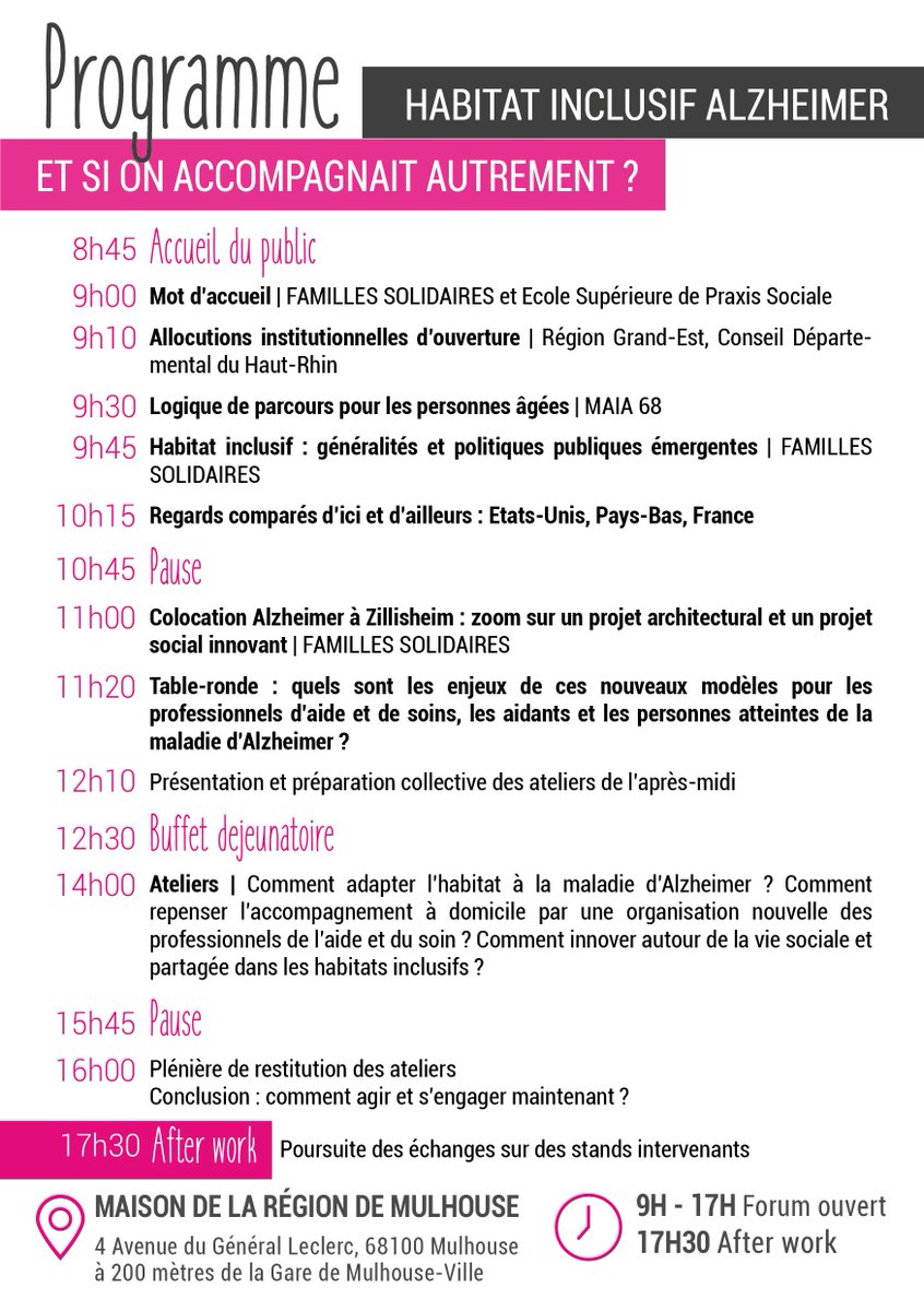 FamilSolidaires's tweet image. Mardi 21 mai 2019, @FamilSolidaires avec l’@praxisalsace, la MAIA 68 et @FranceAlzheimer 68, organise un forum d’échanges sur l’#habitatinclusif #Alzheimer à la Maison de la Région à @mulhouse. Inscriptions ouvertes &amp;gt;&amp;gt; forms.gle/Sm7UNwvMukZySP…
@regiongrandest @hautrhin
