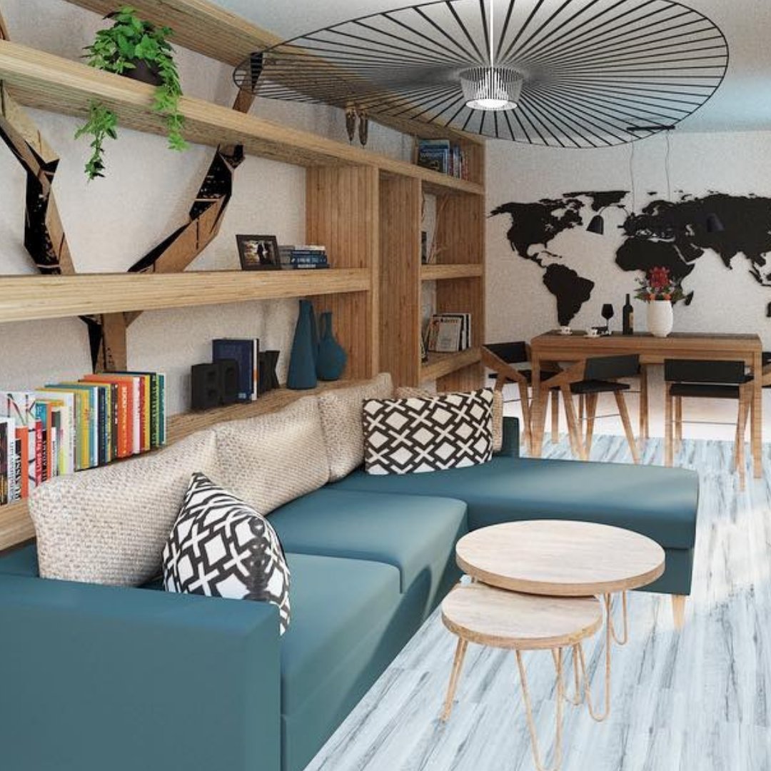 Utilizar madera en sus diseños es una manera fácil de traer un poco de naturaleza a su hogar. @pawlo_design combinó su sencillo suelo de madera con detalles en verde y una escultura en forma de árbol en la pared. #diseño #proyectos  #interior  #decoracion  #interiorismo #tarkett