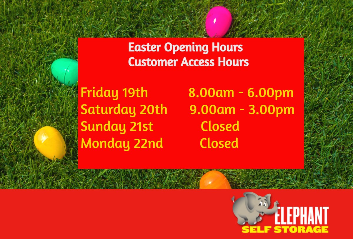 ElephantStorage's tweet image. 🍫🍫 Take a Look at our Easter Opening Hours 🍫🍫

#Elephantstorage #Easter #EasterOpeninghours #SelfStorage #DublinStorage