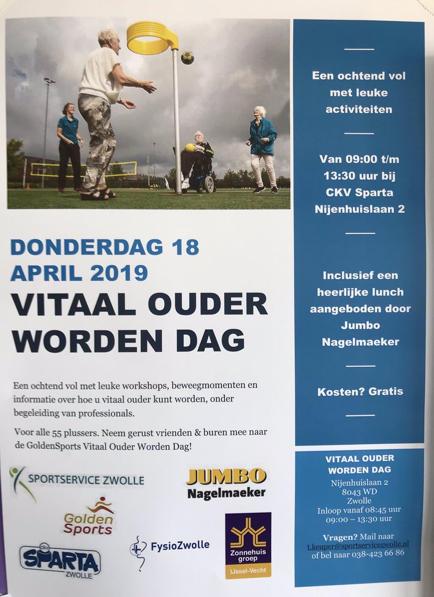 Morgen, 18 april, is het zover. Onder mooie weersomstandigheden de #goldensports #vitaal #ouder worden dag op Sportpark De Verbinding in #Stadshagen! Geïnteresseerd in het aanbod of zin in een kop koffie en een praatje!? Kom gezellig langs @ckvsparta !
