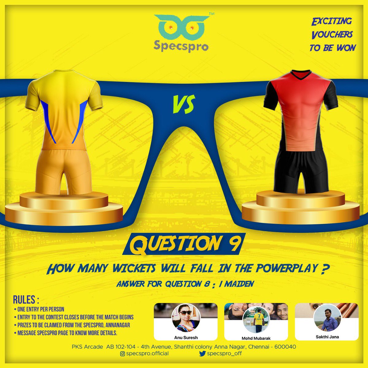 specspro_off's tweet photo. #ContestAlert

Question 9- How many wickets will fall in the powerplay??
Steps - Like &amp; Follow the page, Comment your answer, Tag 3 friends to take up the contest. 

#SpecsproChennai #AnnanagarGetsClearer #IPL #CSK   #AnswerNow #Share #Spectacles #Glasses https://t.co/JpgwE7cNNA