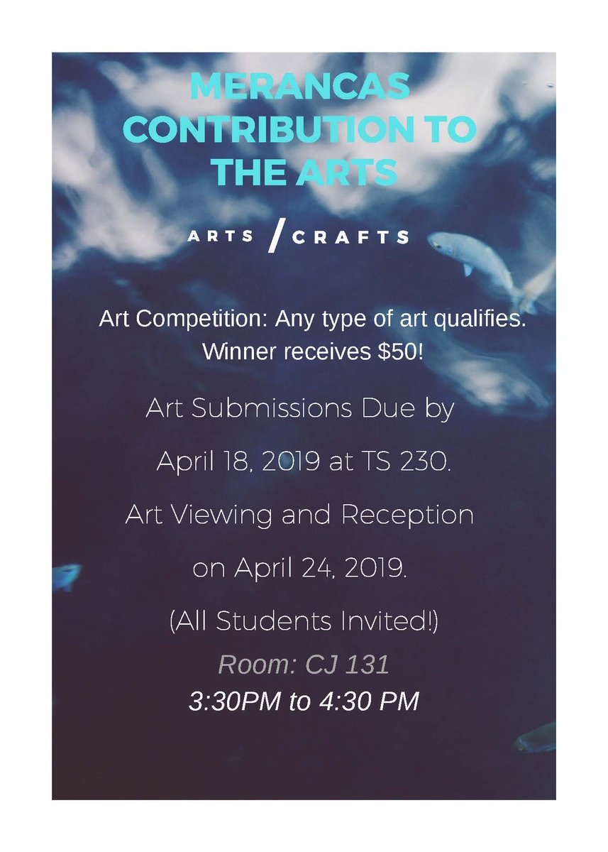 There are two days left to turn in your art work for the Merancas Contribution to the Art. Any type of artwork is accepted. So make sure you turn it in to TS 230 by April 18. #cpccstudentlife #merancassga #mightymerancas