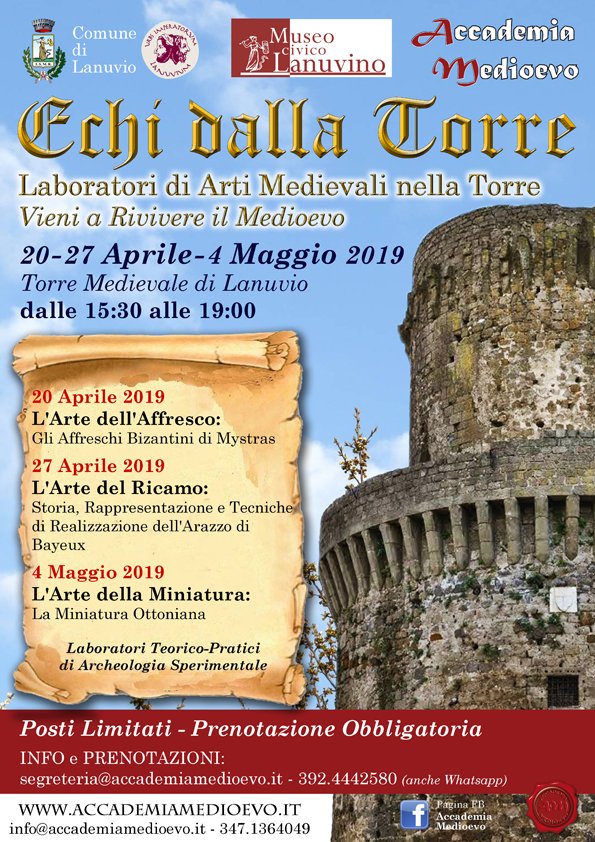 #affresco, #ricamo e #miniatura: a partire da sabato 20/4 nella Torre di #Lanuvio le arti del #Medioevo rivivono in 4 laboratori pensati per rendere il Museo un luogo vivo in cui si può divenire protagonisti e non solo spettatori. bit.ly/2v7f5pl #CastelliRomani #cultura